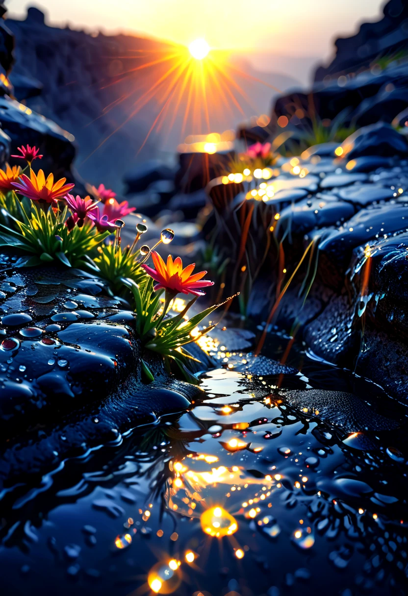 The first rays of sunlight in the morning，cliff，Dew drops on beautiful flowers in cracks of rocks，(sunrise)，Beautiful picture，HD Wallpapers