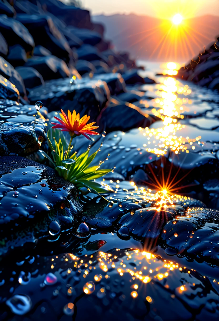 The first rays of sunlight in the morning，cliff，Dew drops on beautiful flowers in cracks of rocks，(sunrise)，Beautiful picture，HD Wallpapers