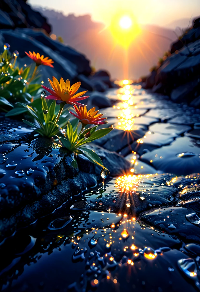 The first rays of sunlight in the morning，cliff，Dew drops on beautiful flowers in cracks of rocks，(sunrise)，Beautiful picture，HD Wallpapers