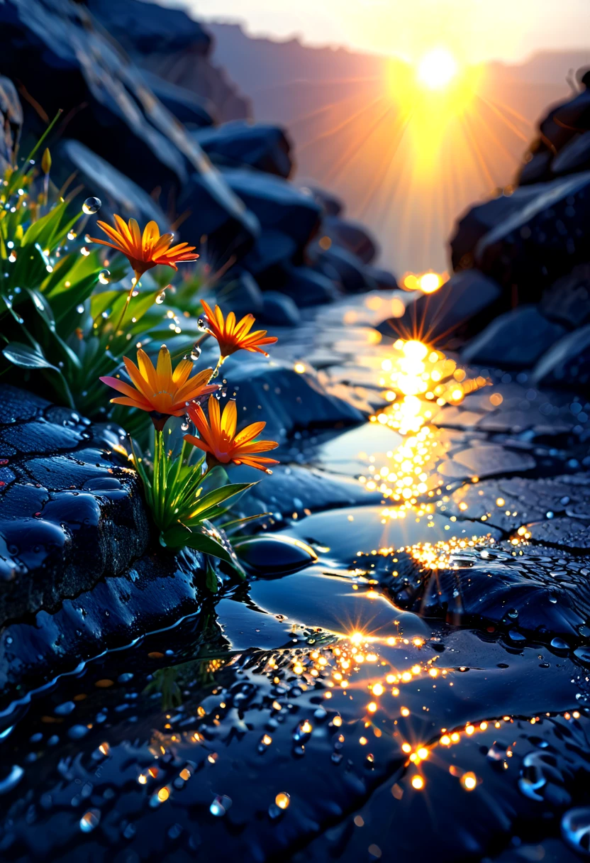 The first rays of sunlight in the morning，cliff，Dew drops on beautiful flowers in cracks of rocks，(sunrise)，Beautiful picture，HD Wallpapers