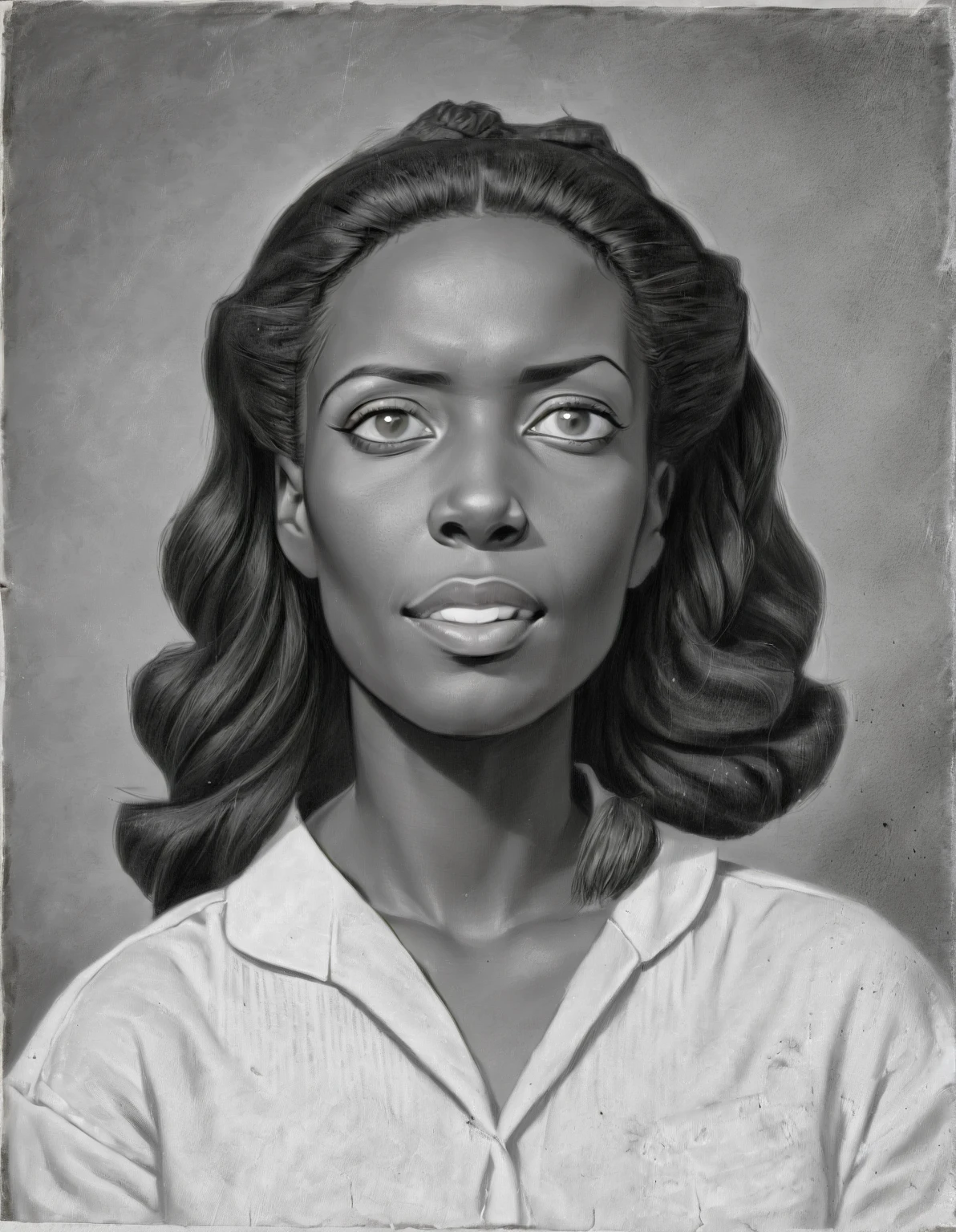 arafed photograph of a woman with a white shirt and a black and white photo, realistic old photo, 30-year-old woman from cuba, photo of a woman, traditional portrait, realistic old photograph, late - 4 0 s aged, taken in the early 2020s, old photo, photo of a black woman