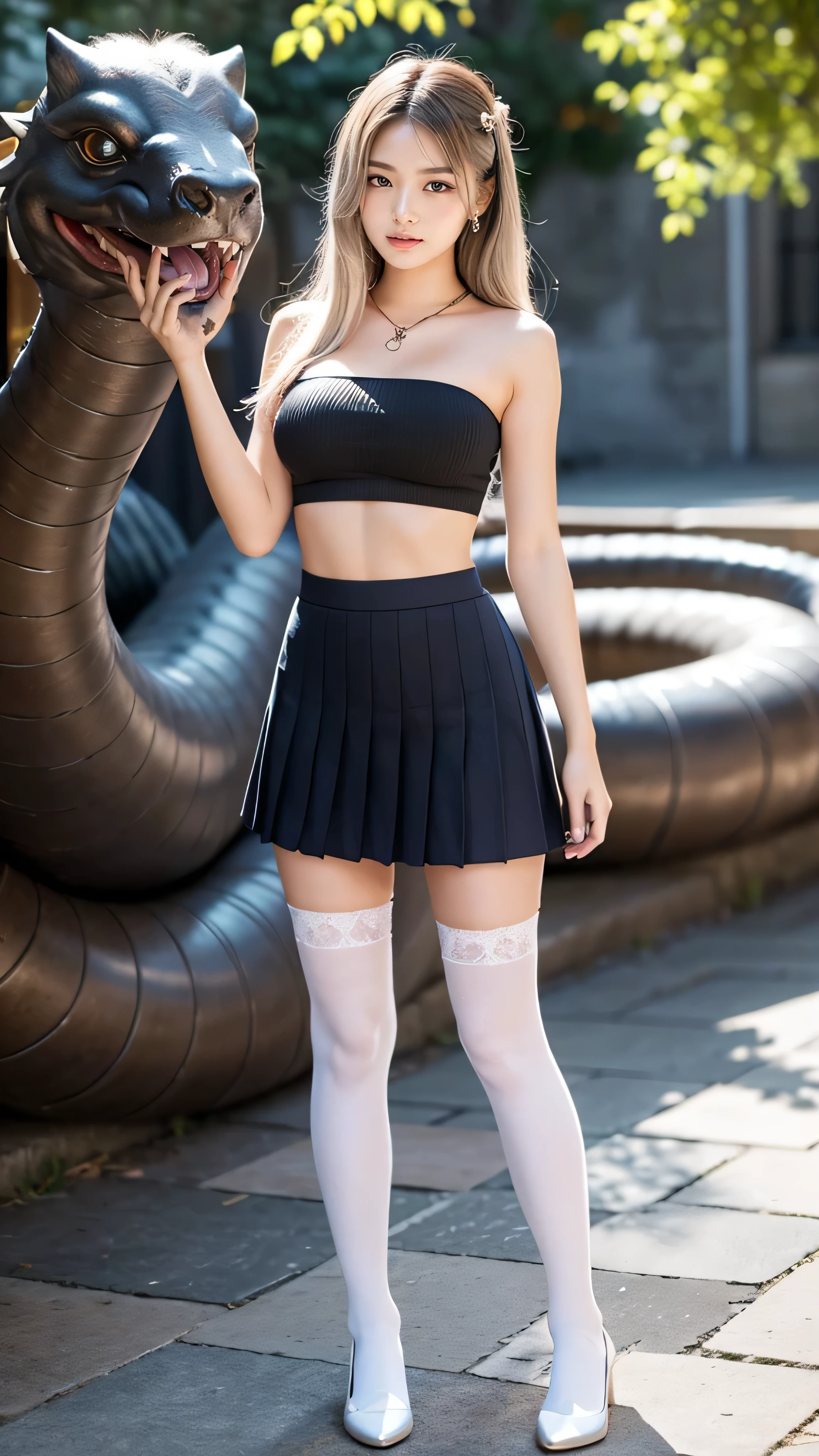 22 year old white female、Hair color is platinum blonde、blue eyess、Longhaire、Hair is wavy、accessories on wrist、I'm wearing a choker、skin is smooth、a smile、Slender but muscular body、wearing fingerless gloves、wearing zip-up tops、I'm wearing a low-rise pleated skirt、wearing garter stockings、I'm wearing high heels、I'm pounding my chest、I have a clutch bag、a smile、Holding the handrail of the stone steps in the city、My abs are cracked、I can see the belly button