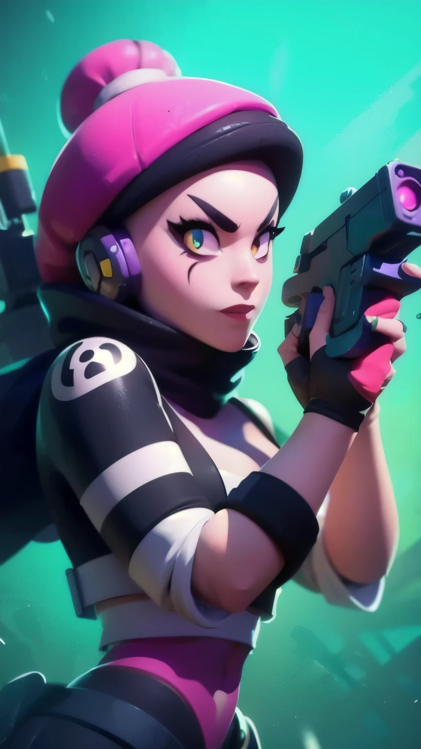 a close up of a person holding a gun and a flashlight, (a cyberpunk robot girl)) , brawl stars, splash art brawlstars, epic art style, blaster fire bright as neon, game character, in game style 8k, merged character, fortnite art style, stylized character, holding a blaster, slick clammy skin, clash royal style characters, mobile game style, new character