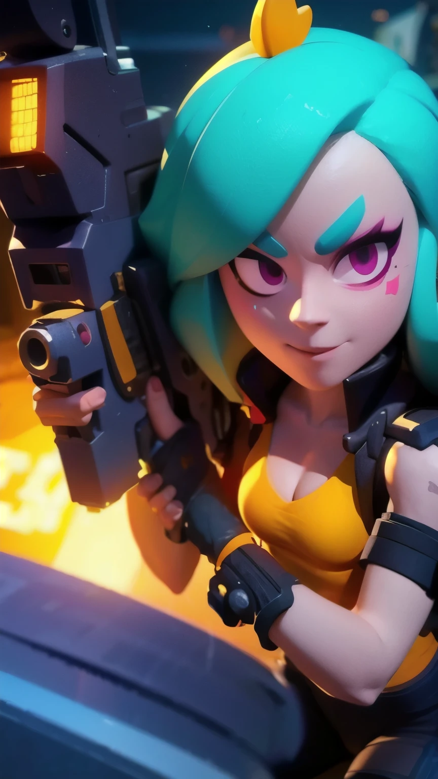 a close up of a person holding a gun and a flashlight, (a cyberpunk robot girl)) , brawl stars, splash art brawlstars, epic art style, blaster fire bright as neon, game character, in game style 8k, merged character, fortnite art style, stylized character, holding a blaster, slick clammy skin, clash royal style characters, mobile game style, new character