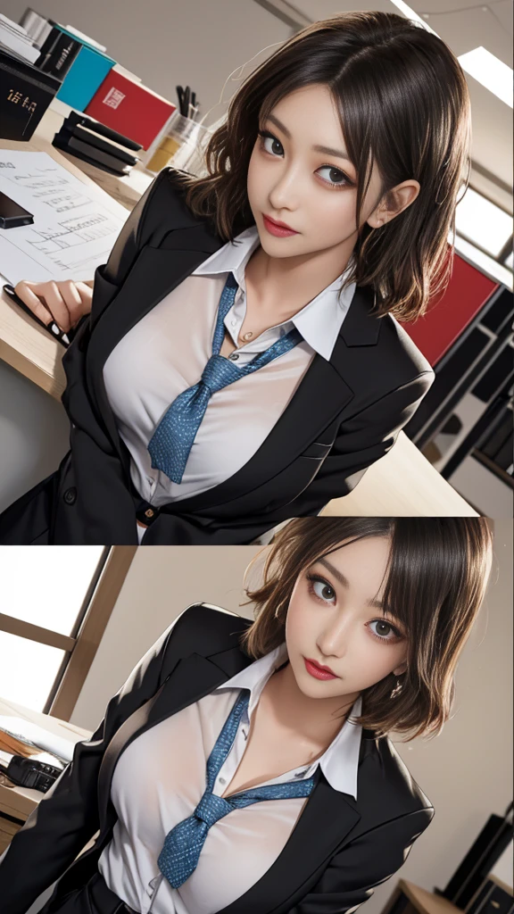 1 woman, Ada Wong, Fully clothed, Skirt suit, スーツとneck tie, (((Three-piece suit))), Silk Dress Shirt, シャツとneck tie, neck tie, ((Blazer)), ((Suit jacket)) ((waistcoat)), ((Bodycon Mini Skirt)), pantyhose, tights, Stockings, ((Pinstripe suit)), high-heels, neck tieクリップ, Pocket Square, Tailored Suits, (((Cufflinks))),
