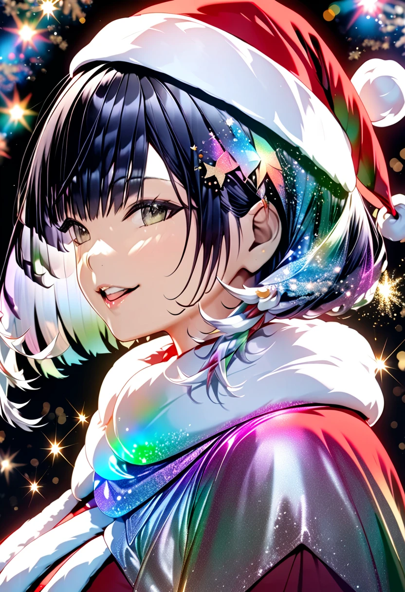 Black Haired Adult Woman "Haruna" , beautiful Santa Claus , background:  Iridescent Illuminations ((  Double Exposure :1.5 ,  Glitter Effects  ,LED Magic Effects  :2.0 ,backgroundぼかし))