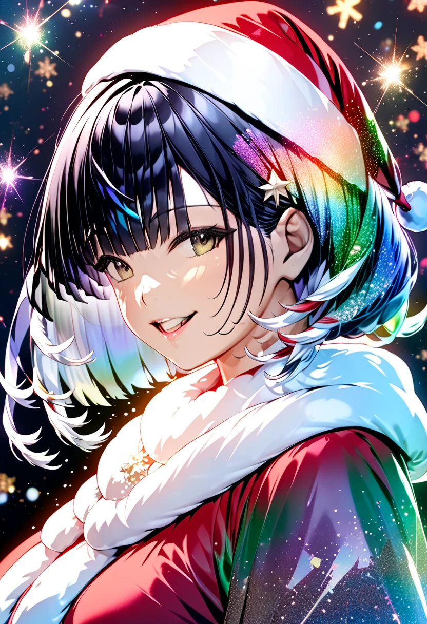 Black Haired Adult Woman "Haruna" , beautiful Santa Claus , background:  Iridescent Illuminations ((  Double Exposure :1.5 ,  Glitter Effects  ,LED Magic Effects  :2.0 ,backgroundぼかし))