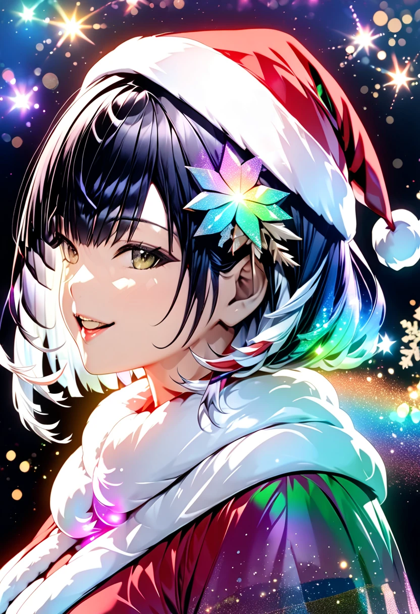 Black Haired Adult Woman "Haruna" , beautiful Santa Claus , background:  Iridescent Illuminations ((  Double Exposure :1.5 ,  Glitter Effects  ,LED Magic Effects  :2.0 ,backgroundぼかし))