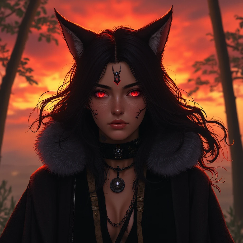 Don't Starve style, masterpiece, best quality, ultra-detailed, illustration, 1girl, black long hair, full red eyes, wolf ears, black mantle, fluffy collar, sunset