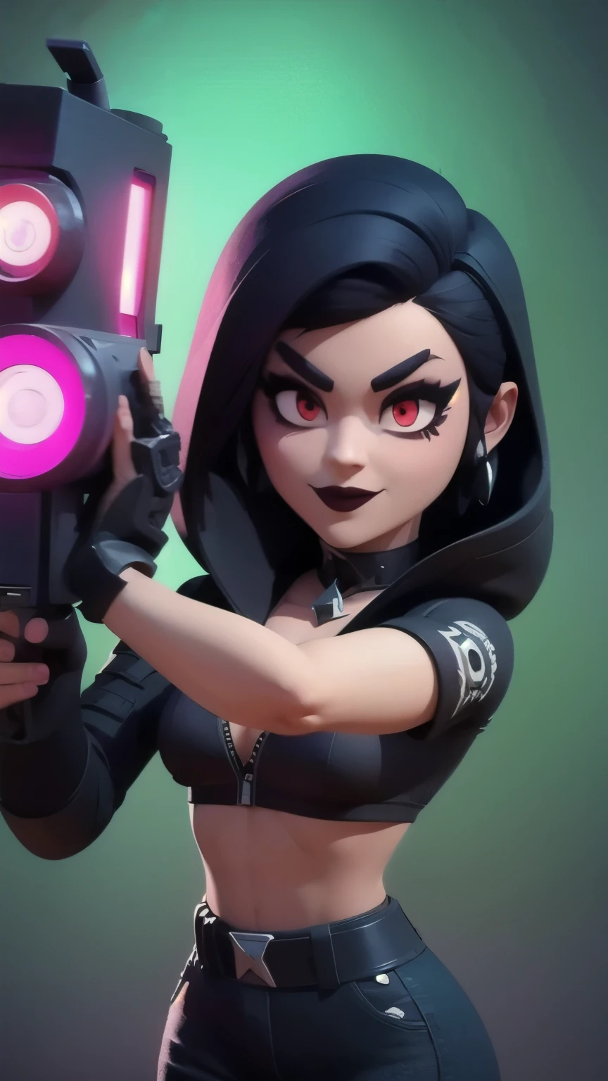 a close up of a person holding a gun and a flashlight, (a gothic vampire girl)) , brawl stars, splash art brawlstars, epic art style, blaster fire bright as neon, game character, in game style 8k, merged character, fortnite art style, stylized character, holding a blaster, slick clammy skin, clash royal style characters, mobile game style, new character