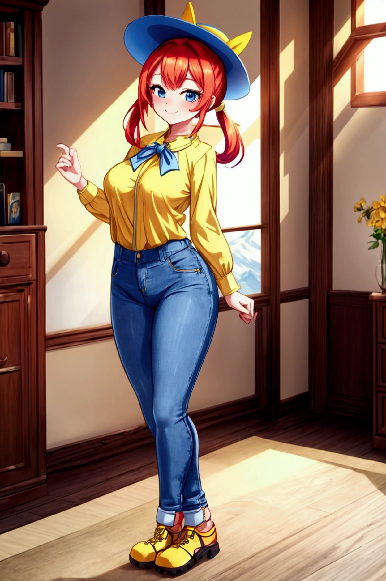 (masterpiece, best quality) standing, indoor, intricate detail, sunlight, yellow blouse necklace, blue short skirt, open shoes, yellow hat, red hair, two ponytails, blue eyes, smiling and sexy expression, sexy pose, coquette, gorgeous legs, mature teenager body, lovely, gorgeous body, pronounced breasts.