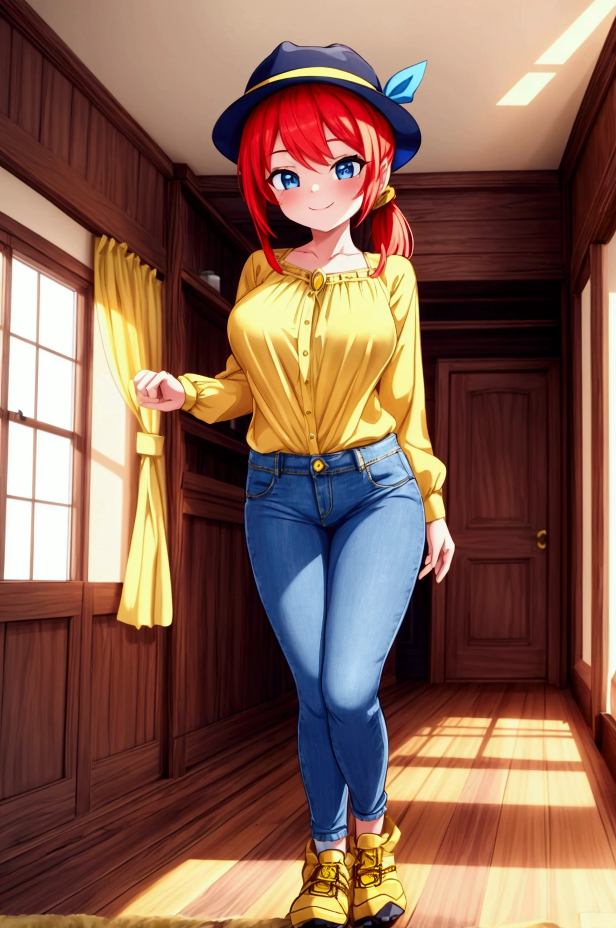 (masterpiece, best quality) standing, indoor, intricate detail, sunlight, yellow blouse necklace, blue short skirt, open shoes, yellow hat, red hair, two ponytails, blue eyes, smiling and sexy expression, sexy pose, coquette, gorgeous legs, mature teenager body, lovely, gorgeous body, pronounced breasts.