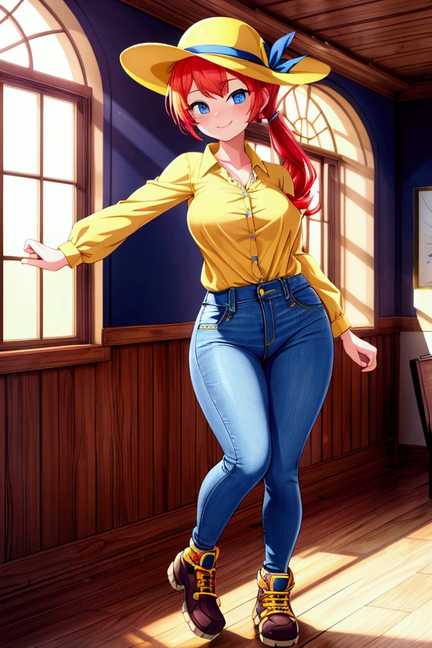 (masterpiece, best quality) standing, indoor, intricate detail, sunlight, yellow blouse necklace, blue short skirt, open shoes, yellow hat, red hair, two ponytails, blue eyes, smiling and sexy expression, sexy pose, coquette, gorgeous legs, mature teenager body, lovely, gorgeous body, pronounced breasts.