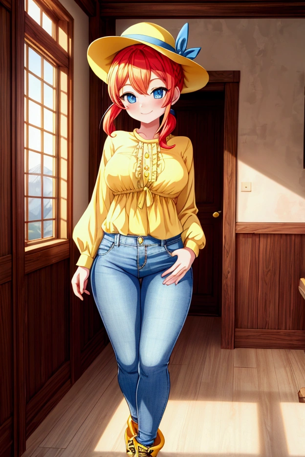 (masterpiece, best quality) standing, indoor, intricate detail, sunlight, yellow blouse necklace, blue short skirt, open shoes, yellow hat, red hair, two ponytails, blue eyes, smiling and sexy expression, sexy pose, coquette, gorgeous legs, mature teenager body, lovely, gorgeous body, pronounced breasts.