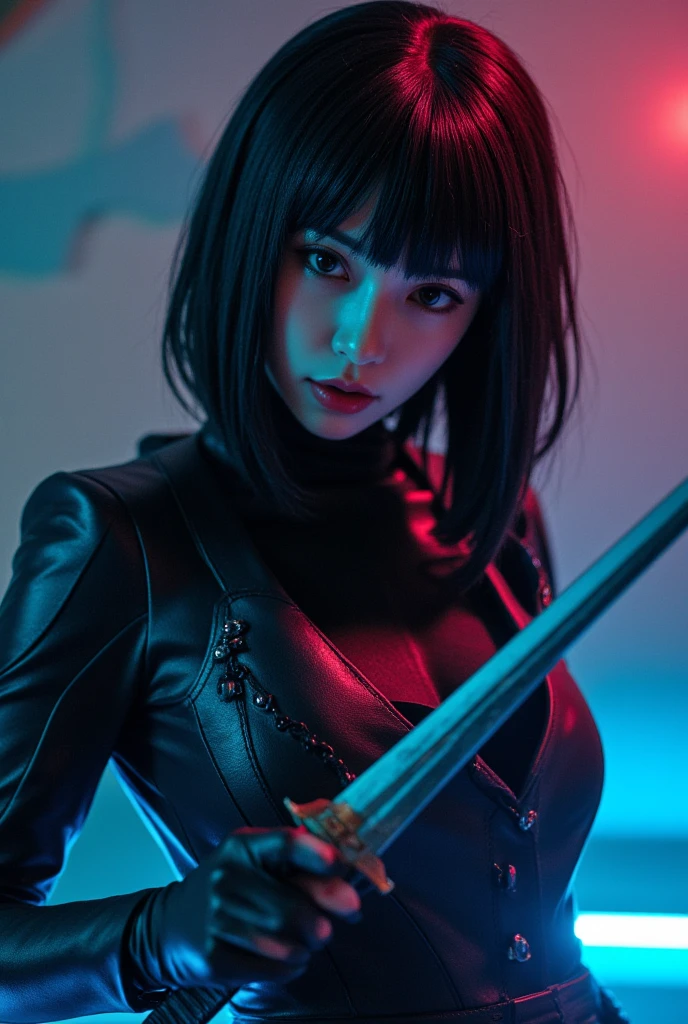 Une assassin vengeresse, ( femme cheveux noire épaisse. Visage rectangulaire.) Munir un katana. ( vêtue un combinaison de cours de moto en cuire épaisse, couleur pourpre. Des couture arrondir. Dans une ruelle style cyberpunk avec des tuyaux des néon et hologramme en trois dimension. 