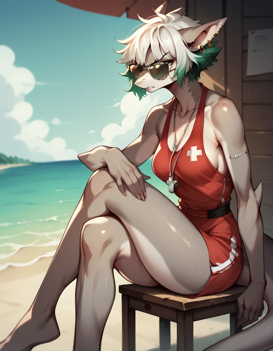  Score_9, score_8, score_7, source_anime, Anthro, jade, standing, indoors, Anthro shark girl, grey skin, white hair with green ends, eyes covered, wearing aviator sunglasses, whistle necklace, wearing red one piece bathing suit, sitting on a white lifeguards chair, legs crossed, serious expression, side view, at the beach, outdoors