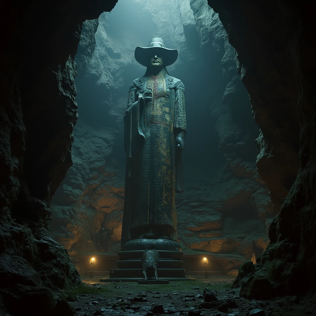 there is a statue of a man in a hat in a cave, cinematic cgsociety, in the art style of quetzecoatl, still image from the movie, giant head statue ruins, inspired by Karel Dujardin, inca themed smooth, travel ad, the witness