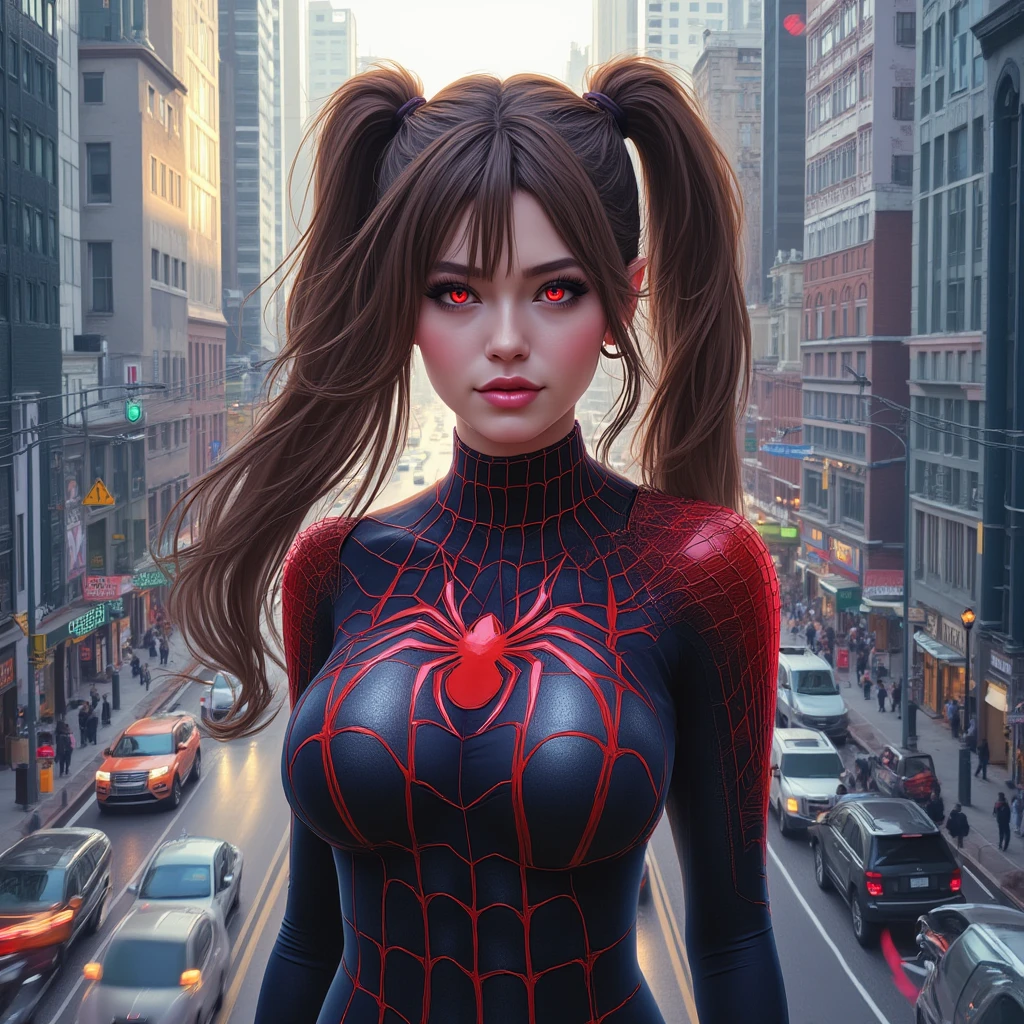 (masterpiece, best quality), intricate details, 8k, artstation, wallpaper, official art, splash art, sharp focus,, 1girl, long hair, twin tails, red eyes, brown hair, ,  spider suit, spider web printing, spider web,  , skyscrapers, city, buildings, cars, street,