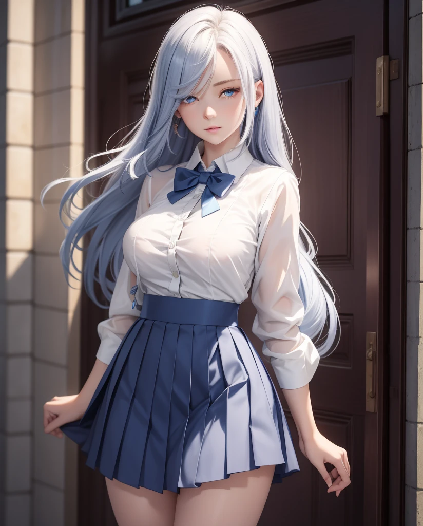 There is a young girl, wear a skirt, blue skirt, mini skirt, mini skirt, Wearing white tights, wearing a skirt, , multilayered outfit, stockings and skirt, wearing a skirt和高筒袜,