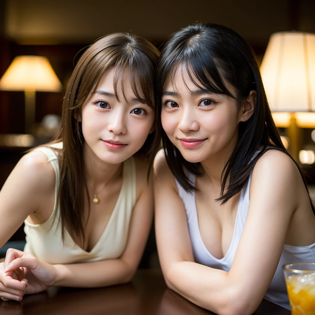 Close-up、Identical twin sisters、A moment in a retro cafe A scene of twins enjoying tea in an old-fashioned cafe。Enjoy an elegant moment in a relaxing atmosphere with retro interior design。