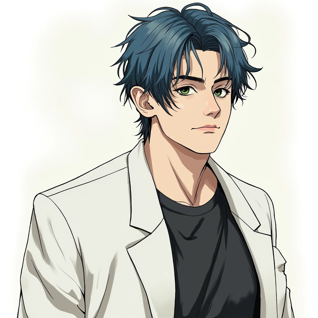 masterpiece, best quality, ((1man)),blue hair,green eyes,serious expression, smiling,waist up,line art,medium hair,white blazer,black t-shirt,expressionless eyes,((Tite Kubo style))