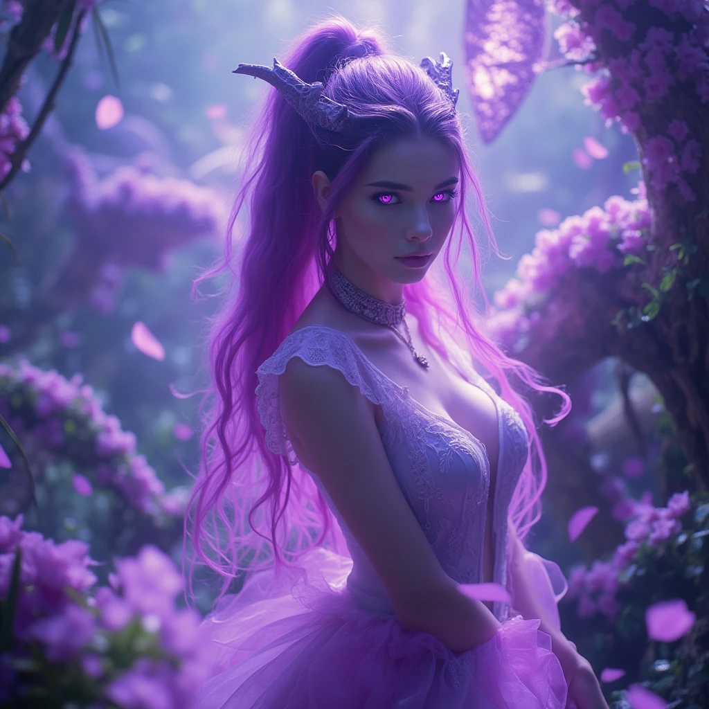 ((Masterpiece, Best Quality)), (Negative Space: 1.2), (1 Girl, Solo: 1.4), Petals, Pink Eyes, Dragon Girl, Long, Purple Hair, High Ponytail, Liquid Hair, Flowers, Dragon Background