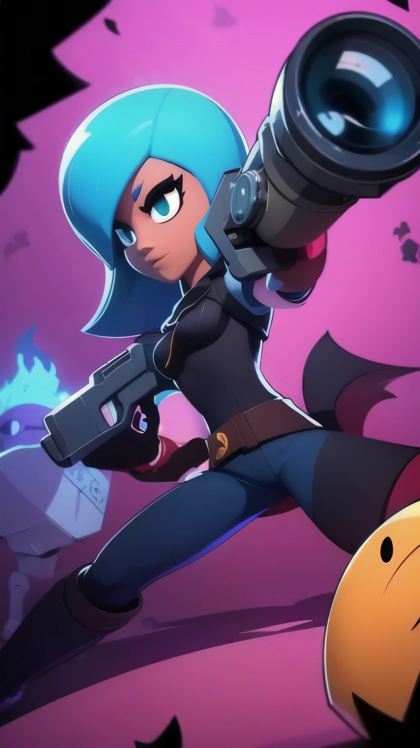 a close up of a person holding a gun and a flashlight, (a gothic vampire girl)) , brawl stars, splash art brawlstars, epic art style, blaster fire bright as neon, game character, in game style 8k, merged character, fortnite art style, stylized character, holding a blaster, slick clammy skin, clash royal style characters, mobile game style, new character
