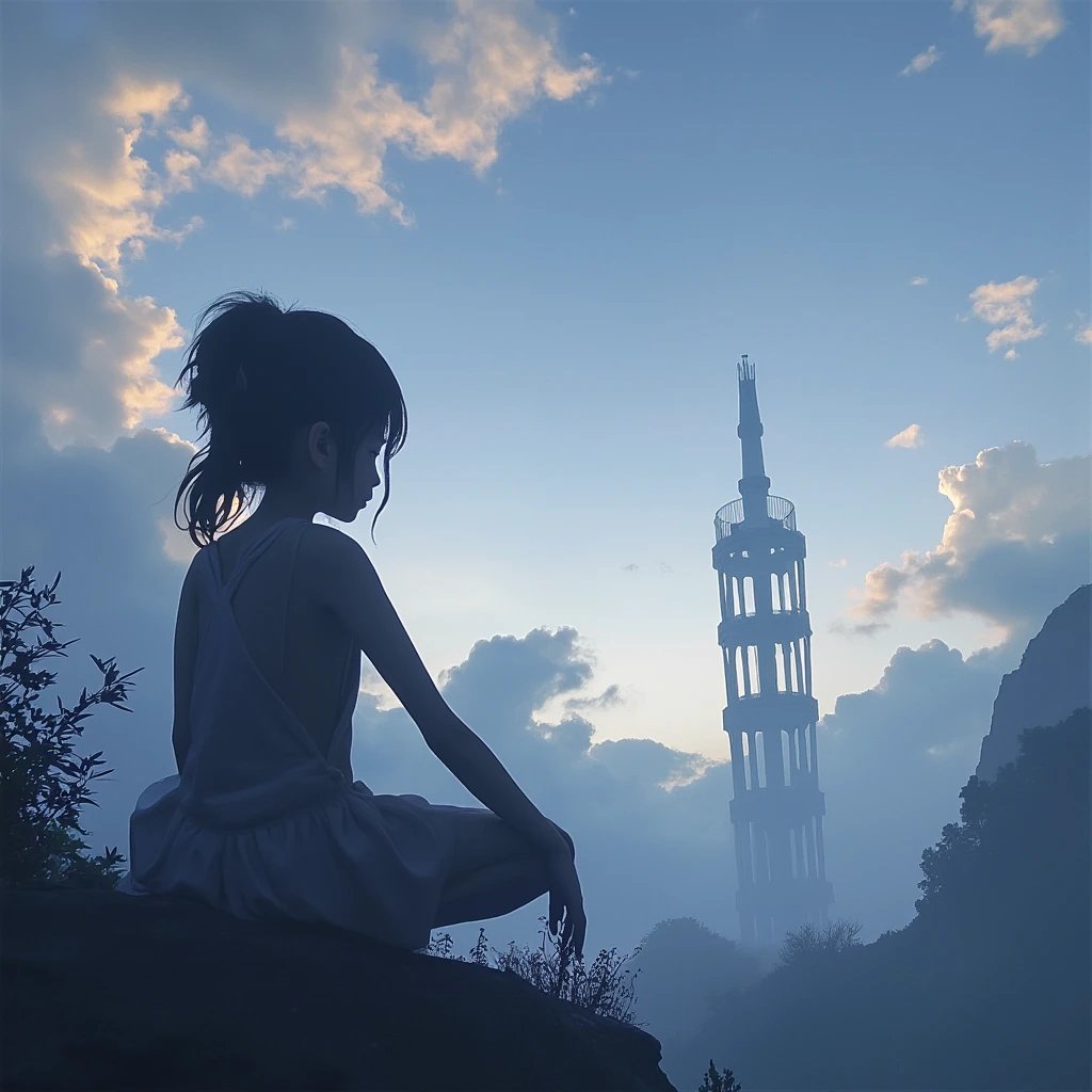 anime girl sitting on a rock looking at the sky,a sky piercing tower far far away, makoto shinkai cyril rolando, anime art wallpaper 4 k, anime art wallpaper 4k, cyril rolando and goro fujita, anime art wallpaper 8 k, 4k anime wallpaper, anime wallpaper 4 k, anime wallpaper 4k, ( ( makoto shinkai ) ), makoto shinkai!