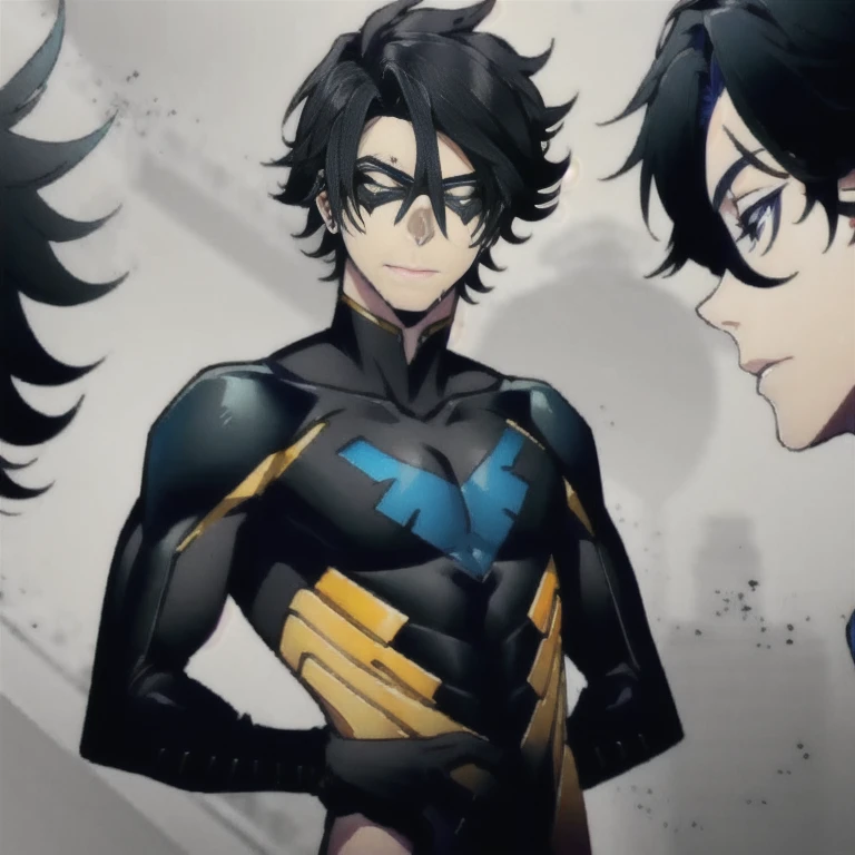  nightwingsuit, cute young man ,  sexy body,  tall , Shiny black hair, upright, 