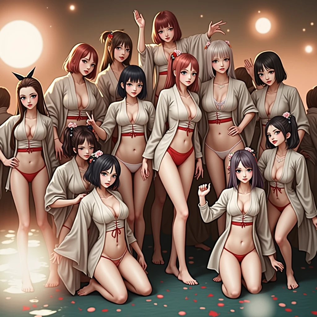 (Hyper-realistic), (a picture), (high resolution), (in 8K), (high detailed), (Best Illustration), (top-quality), (ultra-detailed), (masterpiece), (3girls), (multiple girls), (lineup:1.4), (group picture), (kneeling), (spread legs), (smile:1.4), (cleavage), (navel), (midriff), (nude:1.8), (naked), (nipples), (pussy:1.4), (pubic hair:1.4), (urethra), ((tatami room:1.2)), ((night:1.2)), ((double v:1.4)), ((single v:1.2)), (steaming body:1.4), (pussy juice), (squirting), (ejaculation), ((sweat)),