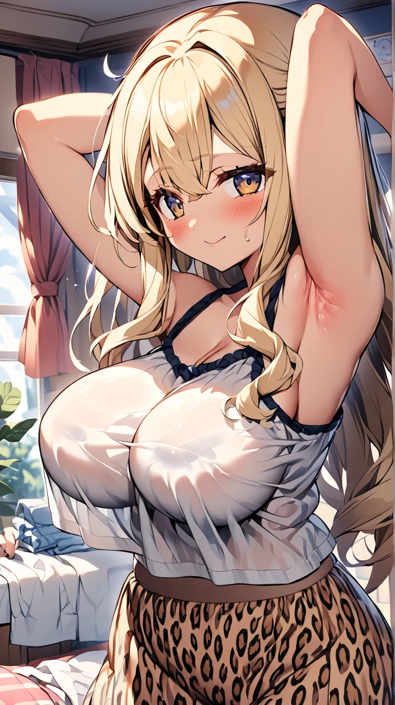  One girl 　 cute girl　 anime style　Anime Face　 anime style　Beauty　Big Breasts　leopard print housewear　Leopard print dress　I see a big ass　Armpit milk is visible　Blonde hair　 straight hair 　 long hair　 room at home with lots of clothes　Changing clothes　no nudity 　 no nudity