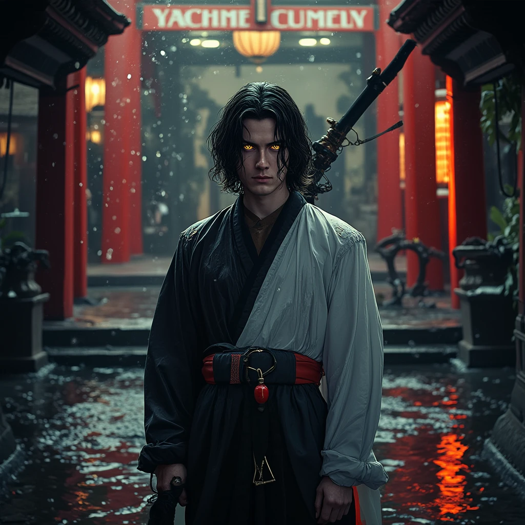 masterpiece, best quality, highres, muramasa, traditional Japanese shrine,  solo, handsome, yellow eyes,