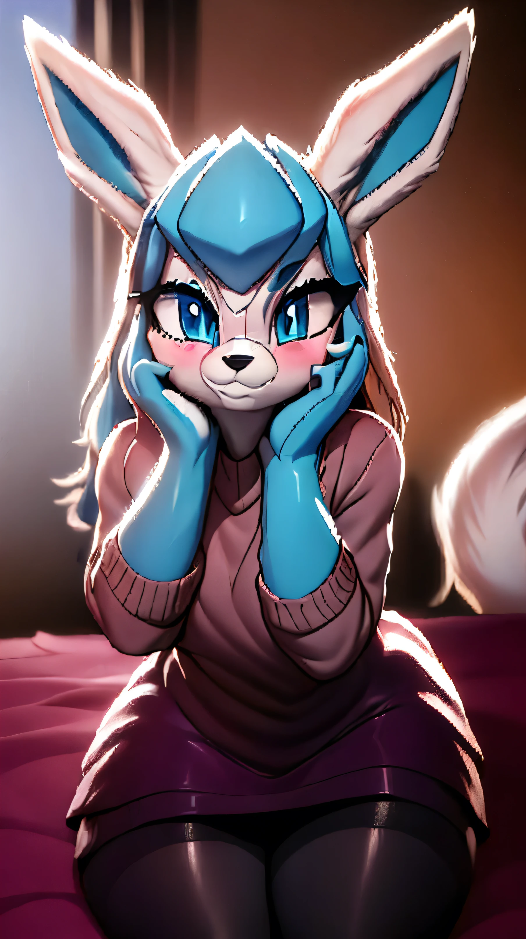 Amy rose , green eyes, better quality, better resolution ,1.3),glaceon,cyan eyes, bright eyes ,neon eyes , bright eyes , medium breasts, pink sweater,(white skirt), white tights , bedroom,,I want to smile,Closed eye, Looking at the viewer, blush all over the face , Heavy breathing ,very hot, heart eyes , shy expression eyes ,shy pose,vista frontal,glaceon, ager (18 years old), hands on face