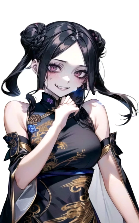 
（ ANATOMICALLY CORRECT ）、（masterpiece）、（ top quality ｝、Black Qipao、 black hair、Clench your fist、 Satu Stance、（（ blue-white skin））、Golden dragon embroidery、 dark color、detailed shading、Unhealthy skin tone、 small tits、
