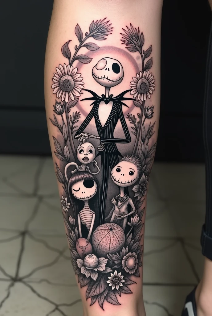 Gothic themed tattooed arm, familia addams, haloween