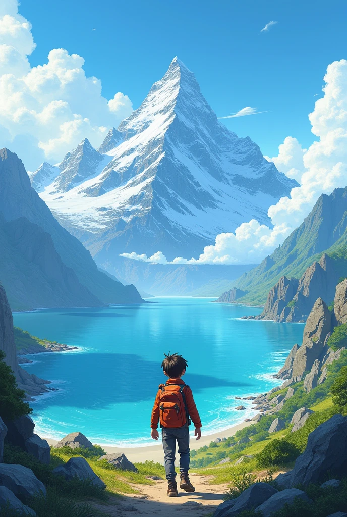 OCEAN,  Mountain, Sky, And a boy walking 