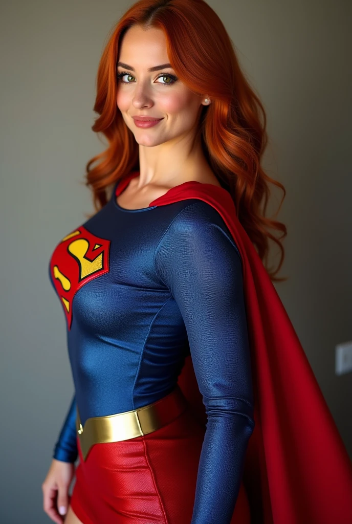 Red-haired beauty adorned in a Super Girl costume, striking a powerful and heroic pose. Illuminate the scene with dynamic cinematic lighting, emphasizing the vibrant hues of her hair and costume. Pay meticulous attention to facial details, capturing the determination in her expressive eyes and a confident smile. Utilize depth of field and gentle contrast techniques to enhance the realism of the composition. Describe the costume intricately, ensuring it reflects the iconic elements of Super Girl's attire. Craft a visually stunning image that blends the allure of a red-haired heroine with the fantasy theme.