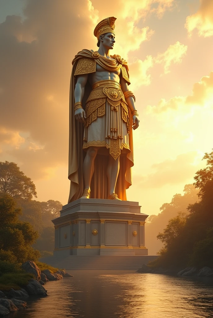 (medium full shot) of (grand stone statue) seated majestically,  , with ornate breastplate,  helmet, located in  a tranquil garden, surrounded by lush greenery, with flowers in bloom, gentle pathways, serene ponds, elegant benches, at dawn, Masterpiece,best quality, photo, realistic, very aesthetic,