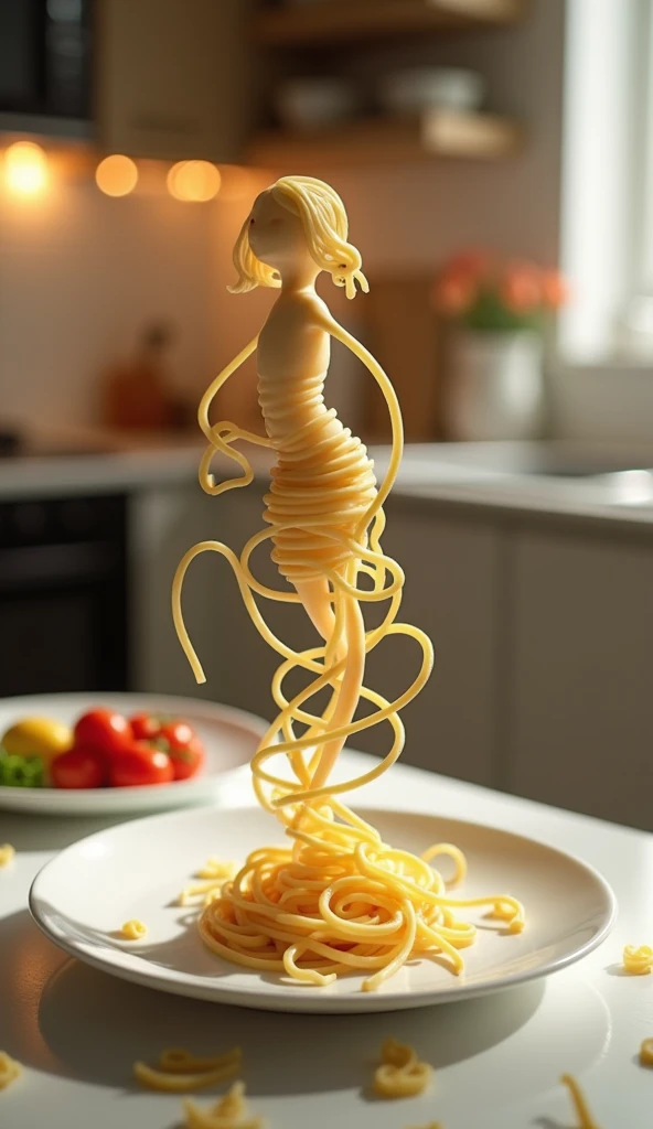 Create a whimsical and artistic scene featuring a single human-like figure made entirely of spaghetti. This figure should appear to be dancing gracefully on a plate. The background should depict a cozy kitchen setting with warm, ambient lighting, creating a romantic and intimate atmosphere. Include elements such as a glass of red wine and a beautifully set table to enhance the mood.