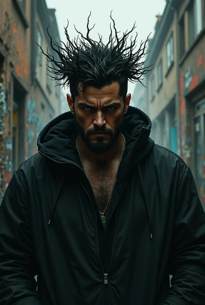 a man with black suit,long ponytail hair,anger on face,detailed face, ultra hd face,smoking,street background