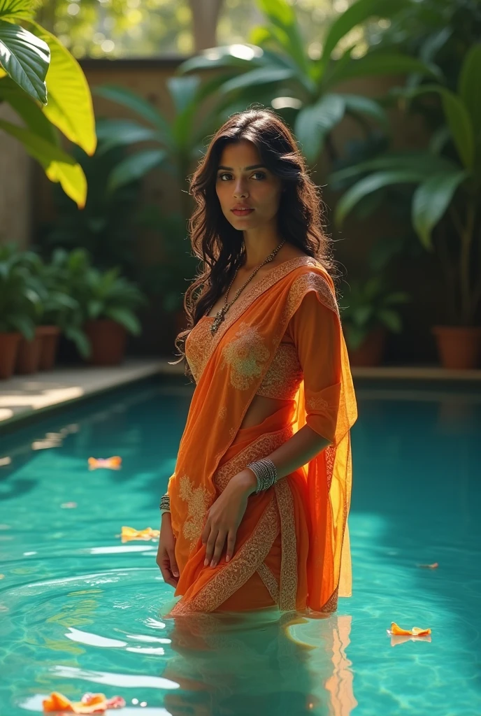 A Beautiful Indian milf with blue eyes pink lips ,glowing fair skin wearing wet black saree, background night moonlight