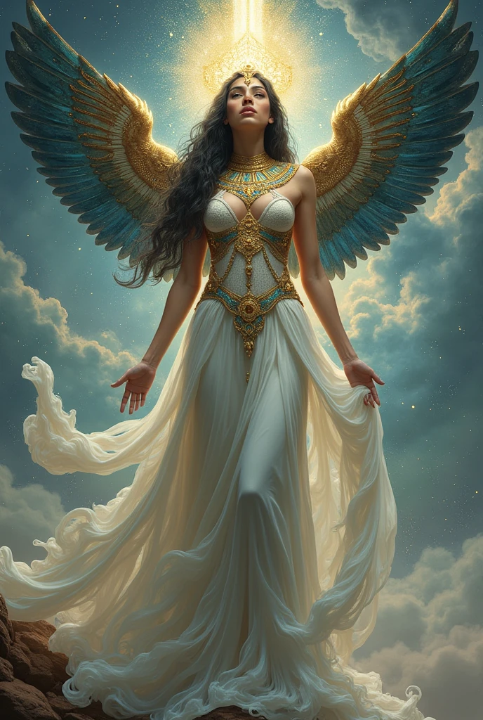 ((best quality)), ((masterpiece)), (detailed), Greek god of justice and morality, with curly black hair, has all seeing bright eyes, has beautiful and sorrowful face, stretching his wings to fly high in the detailed sky surrounded by a starry sky with the Libra constellation, Greek Mythology, solemn atmosphere, ultra-accurate description of hands, photorealistic, super detail, highres, 8k, full-body shot, centered, evenly lit, majestic pose, intricate details