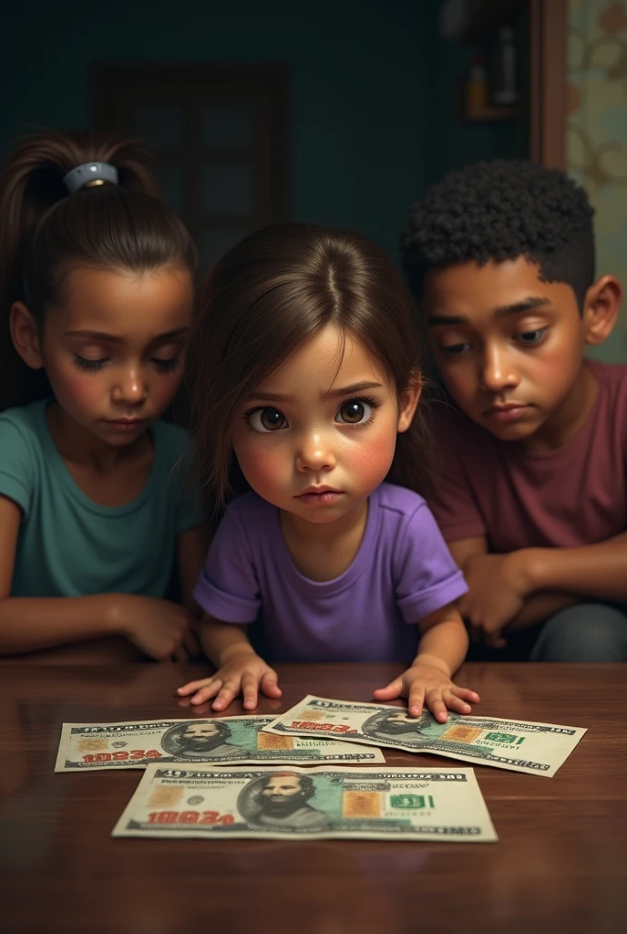 White skin colored girl, Brown hair, purple blouse and pants, sad with his parents also sad and on the table there are 3 Colombian dollars, and the girl looking sadly at the bills