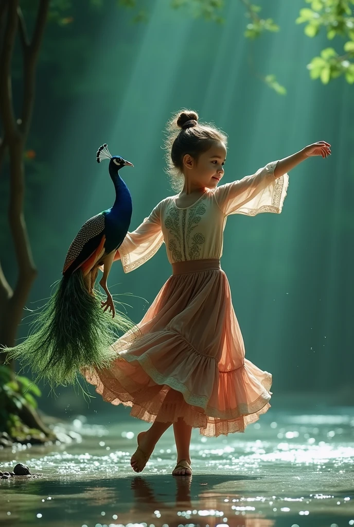 A small age girl who wear dress dancing with peacock near to the river