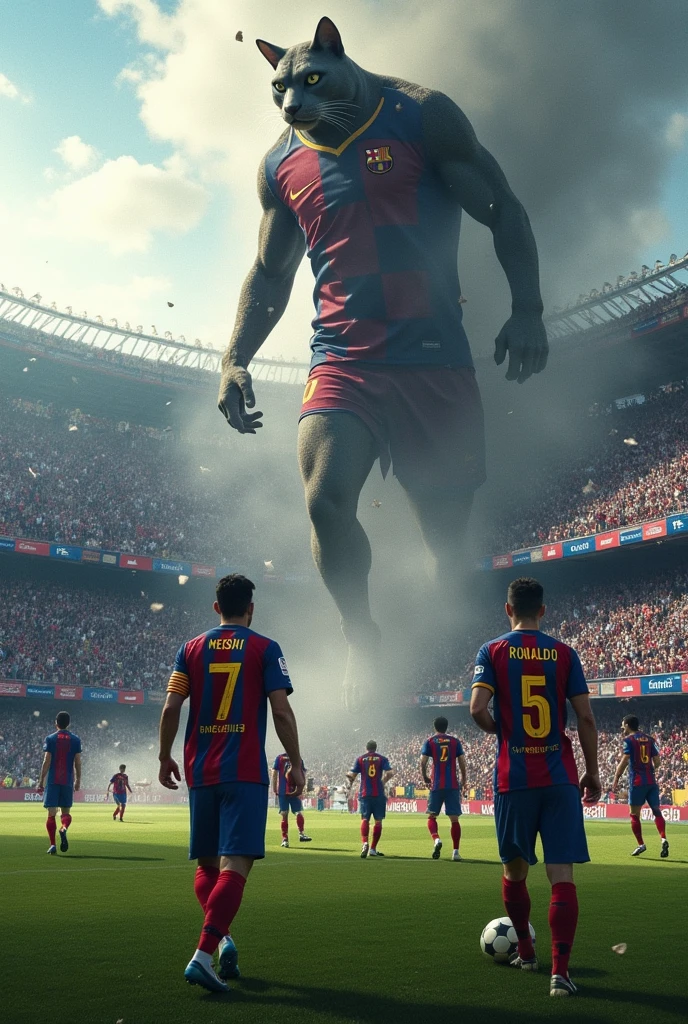 Create a image: barca football team vs Ronaldo real maric (titan ronaldo)