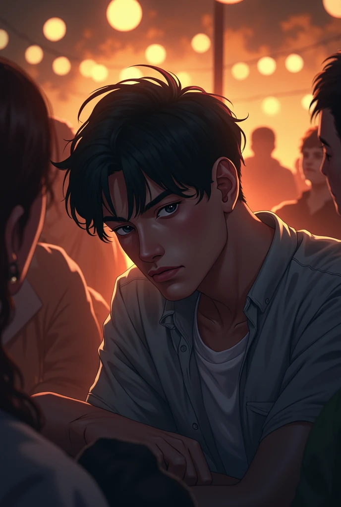 A young man with black short hair, wearing a black T-shirt, sat at the head of a long table., surrounded by people who looked at him in shock., 8k, super detail, ccurate, best quality, masterpiece