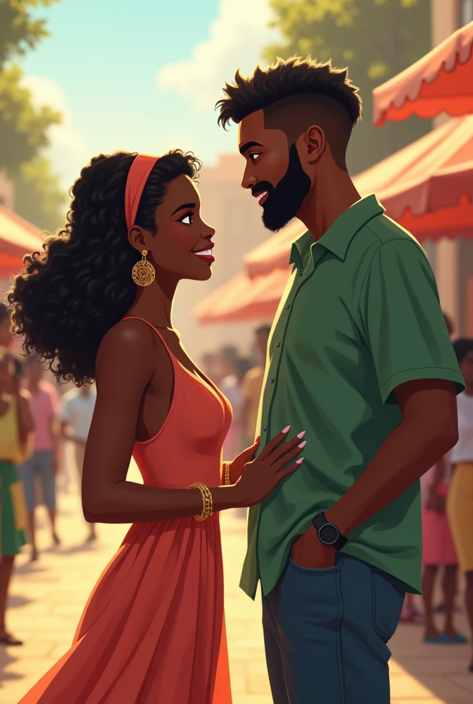 Please create an image of a gay couple, where one is a dark-skinned, fat, bearded guy and the other is a skinny, white guy with an industrial piercing in his ear and both have curly hair., animated version where both are men