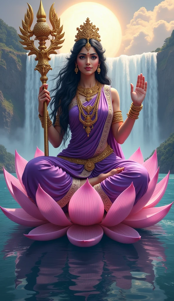 "Create an ultra-realistic image of the beautiful Goddess Siddhidatri Devi, depicted in a stunning purple saree that symbolizes her divine powers and spiritual wisdom. The saree should be richly detailed with intricate gold patterns, highlighting her celestial status. Her long, flowing black hair should be beautifully styled, cascading gracefully over her shoulders, adding to her divine beauty. Her complexion should radiate a soft, ethereal glow, with a serene and compassionate expression on her face, embodying both grace and strength.
Goddess Siddhidatri should be seated on an extremely large and majestic lotus that is intricately designed, floating gracefully on a vast, serene ocean. The lotus should be depicted with vibrant, detailed petals that enhance its divine nature.
She should have two hands: her right hand is in a blessing posture, offering protection and boons to her devotees, while her left hand holds a giant, beautifully detailed mace, symbolizing her power and ability to grant siddhis (spiritual powers).
The background should feature a breathtaking landscape with a cascading waterfall, majestic mountains, and the vast ocean, creating a serene and awe-inspiring atmosphere. The overall image should capture the essence of Goddess Siddhidatri’s beauty, power, and divine grace, presented in a highly realistic and detailed manner, with her purple saree, majestic lotus, and the powerful natural surroundings emphasizing her supreme authority and benevolence."
