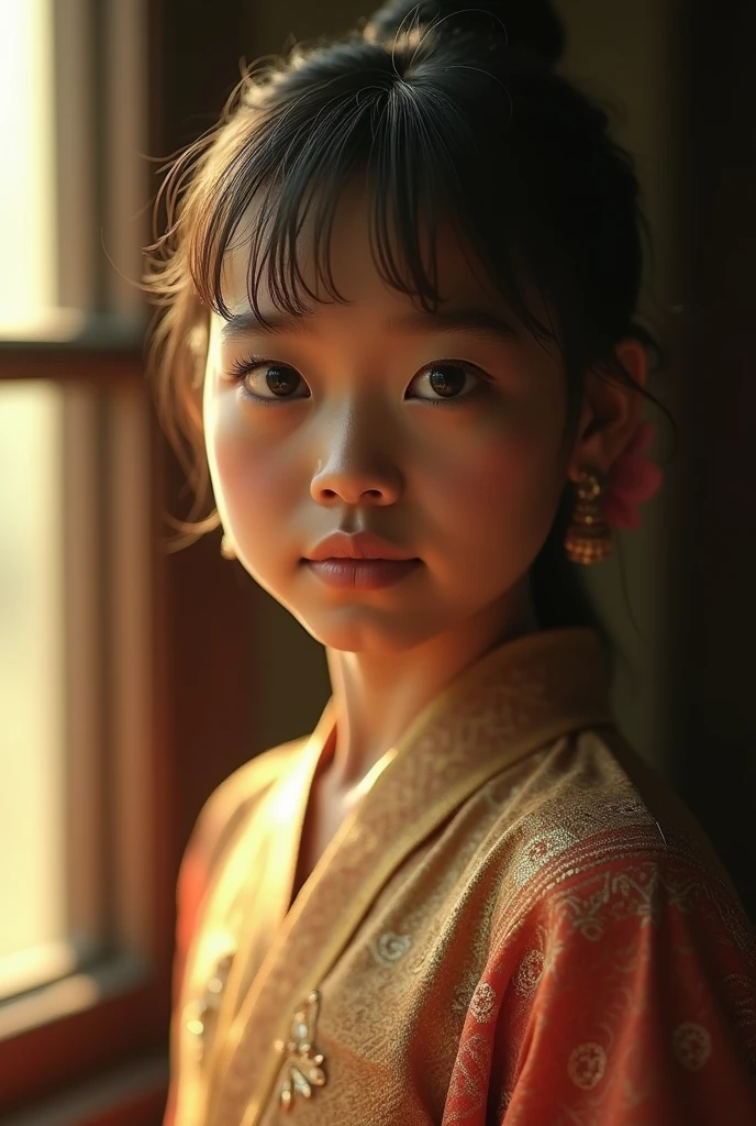 Gostaria de uma menina de 6 anos, cabelos volumoso, coloridos e longos. Olhos cantanhos, sorridente, de kimono de luta preto. Estilo pixar.