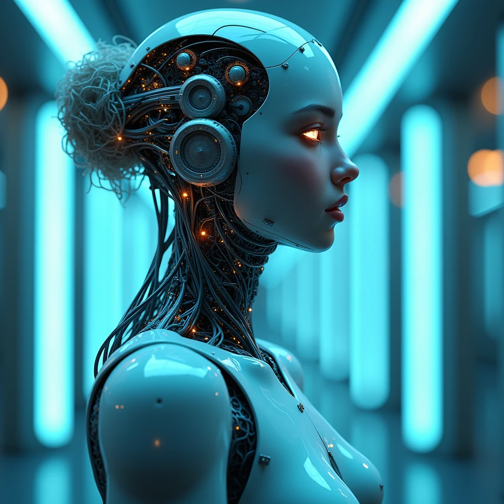 Artistic rendering, conceptual illustration, psychology of artificial intelligence, neural networks [abstract], human-machine interaction [emotional], futuristic aesthetics, deep learning algorithms, surreal interpretation, technology integration, (Female:1.2), intricate circuitry, complex emotions [abstract], machine consciousness, thought patterns [abstract], creative interpretation, symbolic connections, blend of organic and mechanical elements, ethereal atmosphere, visual metaphor, interpretive art style, enigmatic AI persona, reflective surfaces, innovative concept art, abstract symbolism, dreamlike quality